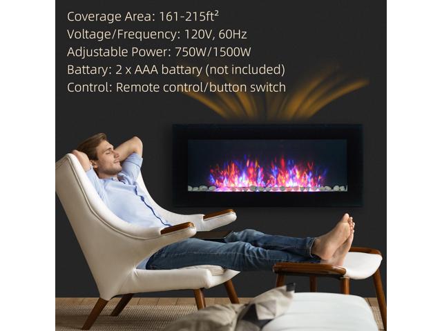 HOMCOM 41.3' 1500W Electric Wall-Mounted Fireplace with Flame Effect, 7 Color Background Light, Black