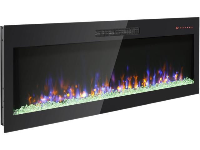 60 inch recessed ultra thin tempered glass front wall mounted electric fireplace with remote and multi color flame & emberbed, LED light heater