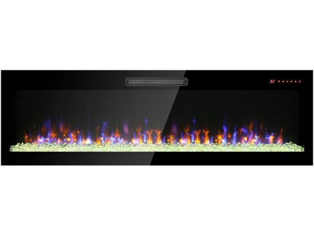 50 inch recessed ultra thin tempered glass front wall mounted electric fireplace with remote and multi color flame & emberbed, LED light heater