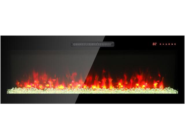 60 inch recessed ultra thin tempered glass front wall mounted electric fireplace with remote and multi color flame & emberbed, LED light heater