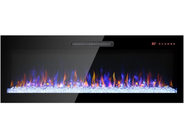 60 inch recessed ultra thin tempered glass front wall mounted electric fireplace with remote and multi color flame & emberbed, LED light heater