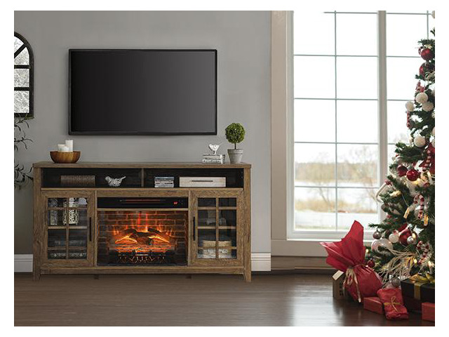 55 inch TV Media Stand with Electric Fireplace KD Inserts Heater,Reclaimed Barnwood Color