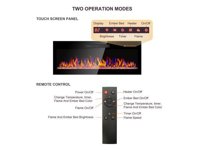 36 inch recessed ultra thin tempered glass front wall mounted electric fireplace with remote and multi color flame & emberbed, LED light heater