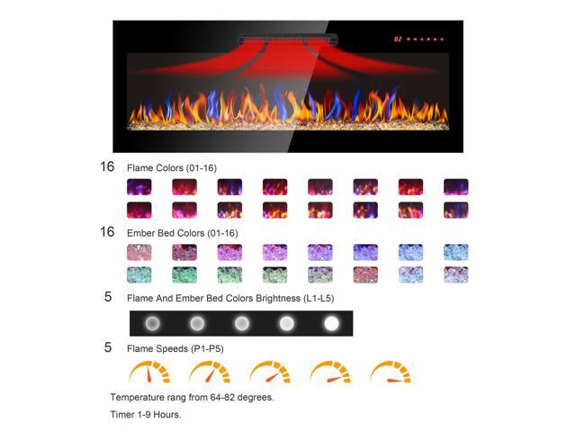 36 inch recessed ultra thin tempered glass front wall mounted electric fireplace with remote and multi color flame & emberbed, LED light heater