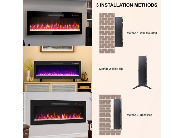 36 inch recessed ultra thin tempered glass front wall mounted electric fireplace with remote and multi color flame & emberbed, LED light heater