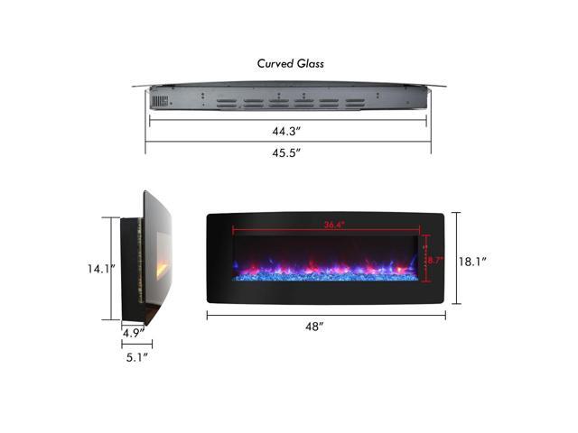 48 inch Curved Front Wall Mounted Electric Fireplace with remote and multi color flame & emberbed