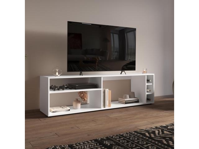 Suxta 63' Wide Tv Stand with Three Open Shelves and Three Bottle Cubbies, Cable Management, Bar Tv Stand, Living Room, Tv Room White