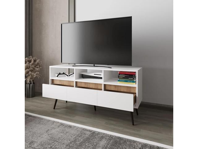 White and Natural Oak TV Stand with 3 Drawers and 3 Shelves
