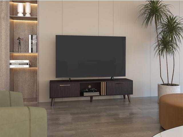 Vance 63' Wide Tv Stand with Two pull down Cabinets, Two Shelves, Cable Management, Living Room, Tv Room Black Wengue - Light Oak