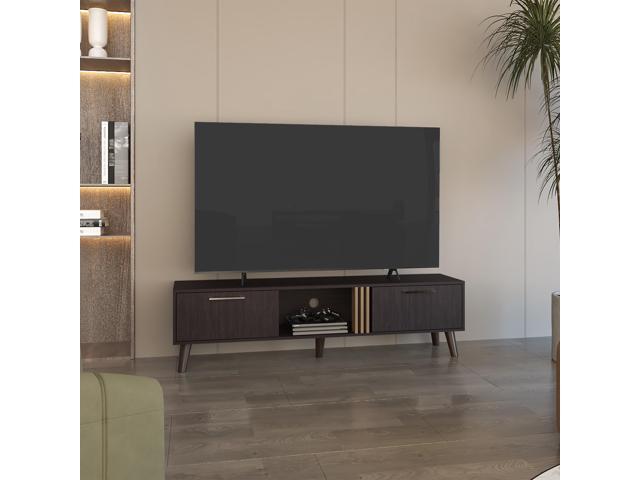 Vance 63' Wide Tv Stand with Two pull down Cabinets, Two Shelves, Cable Management, Living Room, Tv Room Black Wengue - Light Oak