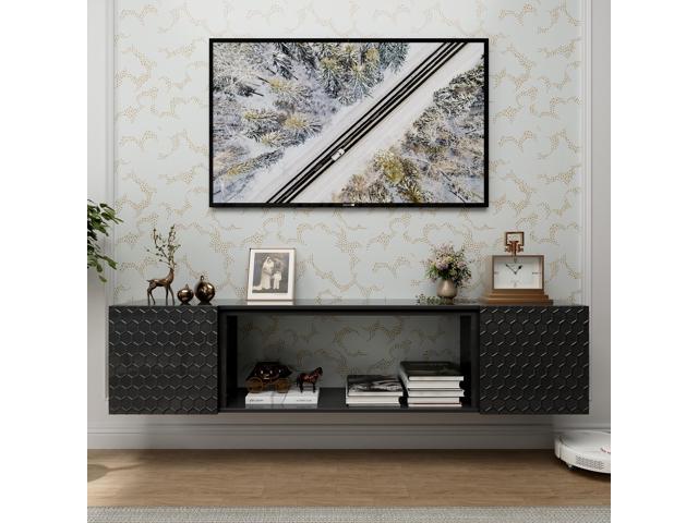 Floating TV Wall Mount Stand for 80 Inch TVs - Sturdy Wood Console, High Weight Capacity & Hidden Cable Management, Contemporary Style (Black)