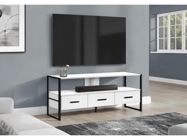 Tv Stand, 48 Inch, Console, Media Entertainment Center, Storage Drawers, Living Room, Bedroom, White Laminate, Black Metal, Contemporary, Modern