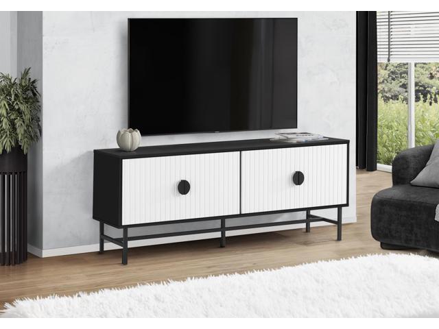 Tv Stand, 60 Inch, Console, Media Entertainment Center, Storage Cabinet, Living Room, Bedroom, Black And White Laminate, Black Metal, Contemporary,...