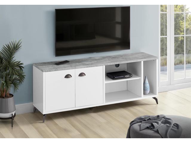 Tv Stand, 60 Inch, Console, Media Entertainment Center, Storage Cabinet, Living Room, Bedroom, White And Grey Laminate, Black Metal, Contemporary,...