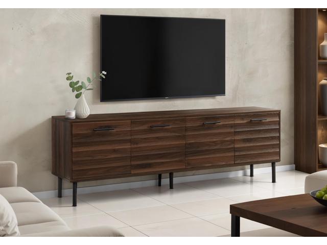 Tv Stand, 72 Inch, Console, Media Entertainment Center, Storage Cabinet, Brown Laminate, Black Metal, Transitional