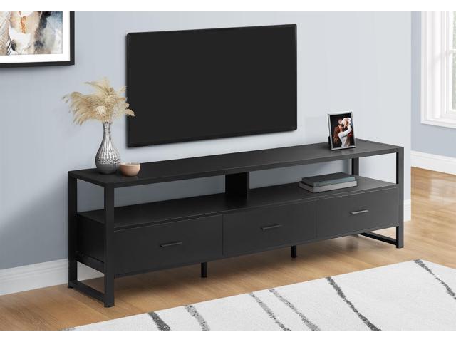 Tv Stand, 72 Inch, Media Entertainment Center, Storage Drawers, Black Laminate, Black Metal, Contemporary, Modern