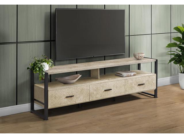 Tv Stand, 72 Inch, Media Entertainment Center, Storage Drawers, Cream Stone Laminate, Black Metal, Contemporary, Modern