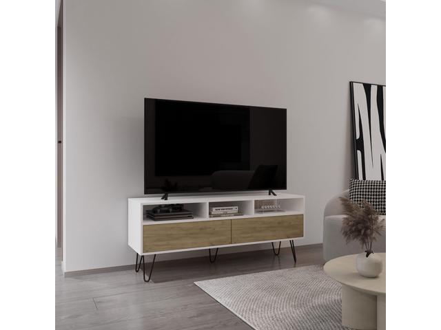 Tori 54' Wide Two-Door Cabinet Tv Stand with Pull Down doors, Three Shelves, Cable Management White - Naturla Oak