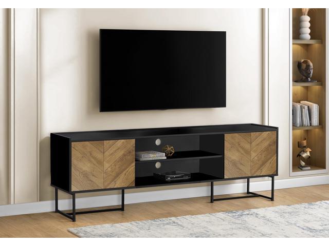 Tv Stand, 72 Inch, Console, Media Entertainment Center, Storage Cabinet, Living Room, Bedroom, Brown And Black Laminate, Black Metal, Contemporary,...