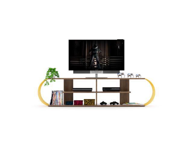 FurnisHome Store Mid Century Modern Tv Stand 4 Shelves Open Storage Entertainment Centre 68 inch Tv Unit, Walnut/Yellow