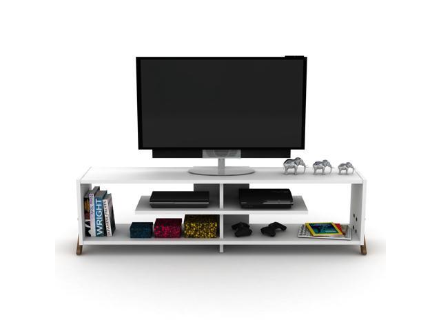 FurnisHome Store Mid Century Modern Tv Stand 4 Shelves Open Storage Wood Legs Entertainment Centre 57 inch Low Tv Unit, Walnut/White