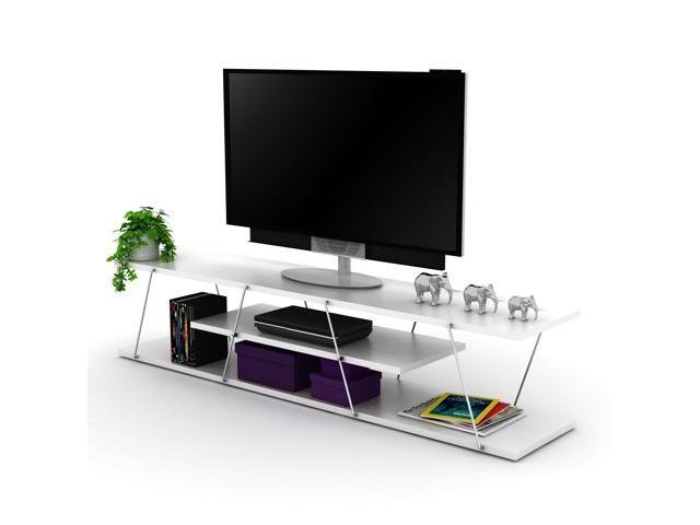 FurnisHome Store Tars Mid Century Modern Tv Stand 4 Shelves Open Storage Metal Cords Entertainment Centre 56 inch Low Tv Unit, White/Chrome
