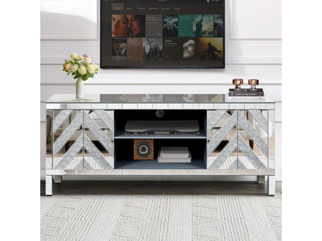 Mirrored TV Stand for 65+ inch TV,Sliver TV Console Table with Open Storage & 2 Storage Cabinets,M Shape Sparkling Mirror Doors for Living...