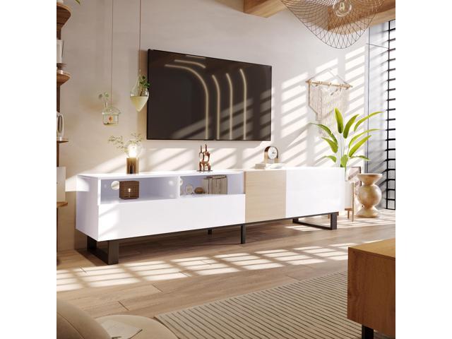 Modern TV Stand for 80'' TV with Double Storage Space, Media Console Table, Entertainment Center with Drop Down Door for Living Room, Bedroom, Home...