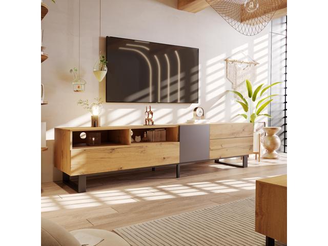 Modern TV Stand for 80'' TV with Double Storage Space, Media Console Table, Entertainment Center with Drop Down Door for Living Room, Bedroom, Home...