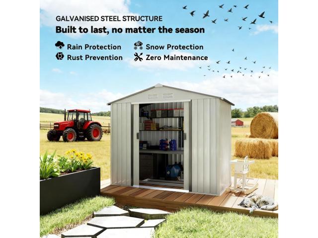 Garden Shed white Garden Storage Shed with Foundation Kit, 4 Vents and 2 Easy Sliding Doors for Backyard, Patio, Garage, Lawn