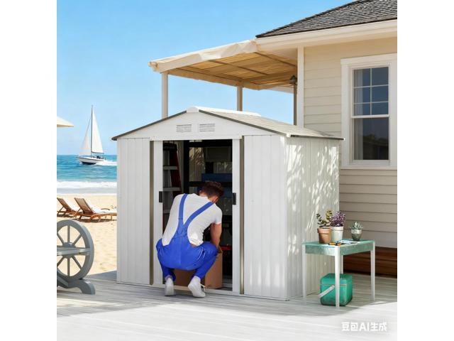 Garden Shed white Garden Storage Shed with Foundation Kit, 4 Vents and 2 Easy Sliding Doors for Backyard, Patio, Garage, Lawn