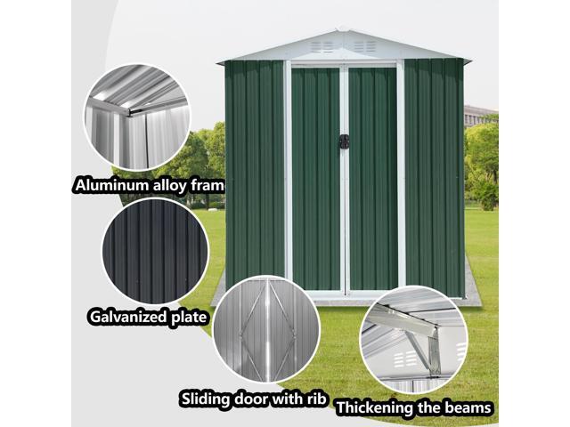 6FTx4FT Apex Roof Green Outdoor Tool Storage House Garden Shed With Aluminum Alloy Frame And Sliding Door