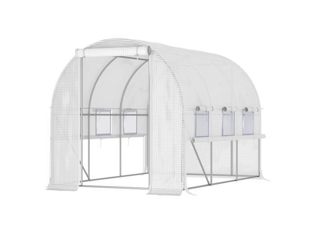 Outsunny 10' x 7' x 7' Walk-in Tunnel Greenhouse, Outdoor Green House with Anti-Tear PE Cover, Zipper Doors and Mesh Windows, White