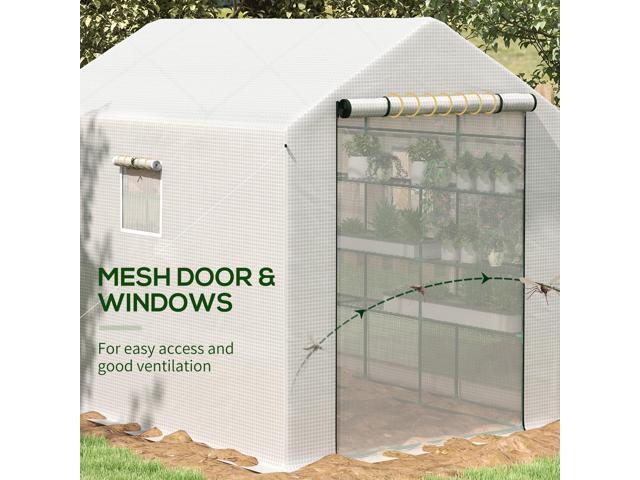 Outsunny 8' x 6' x 7' Walk-in Greenhouse with Mesh Door and Windows, 18 Shelf Green House with Trellis, Plant Labels, UV protective for Growing...