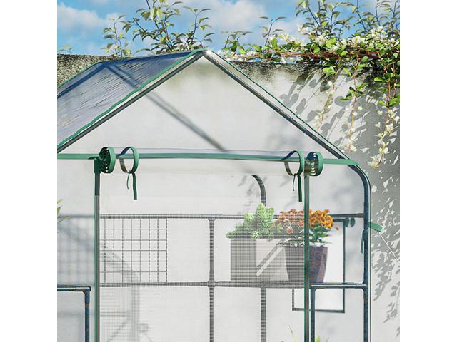 Outsunny Outdoor Walk-in Mini Greenhouse with Mesh Door & Windows, Small Portable Garden Green House with 3 Tiers 6 Shelves, Trellis, & Plant Labels