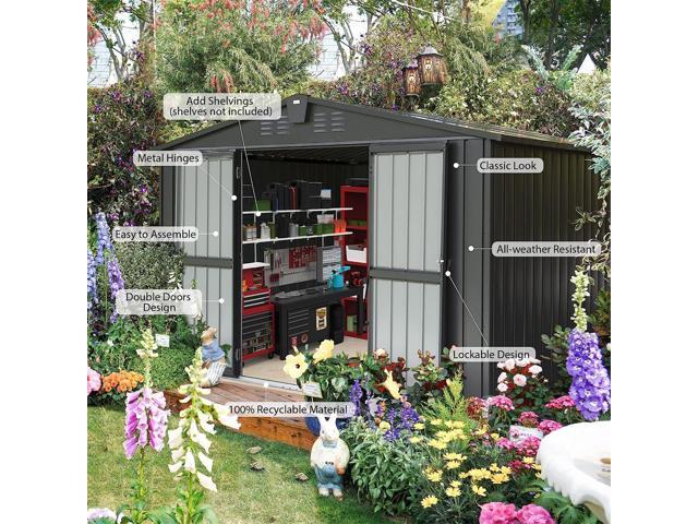 Outdoor Storage Shed 10'x 8', Metal Garden Shed for Bike, Trash Can, Tools, Galvanized Steel Outdoor Storage Cabinet with Lockable Door for...