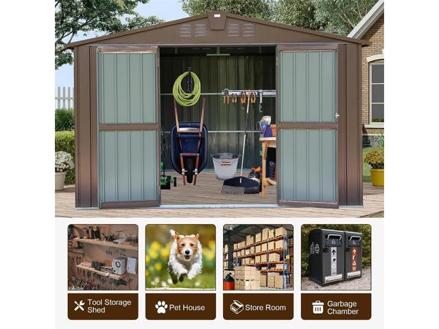 Outdoor Storage Shed 10'x8', Metal Tool Sheds Storage House with Lockable Double Door,Large Bike Shed Waterproof for Garden,Backyard,Lawn(Brown)