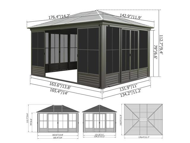 12x14FT Outdoor Sunroom, Galvanized Steel Hardtop Enclose Gazebo Sloping Roof, All Weather Aluminum Solarium Screen House for Patio Deck Backyard...