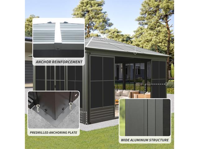 12x14FT Outdoor Sunroom, Galvanized Steel Hardtop Enclose Gazebo Sloping Roof, All Weather Aluminum Solarium Screen House for Patio Deck Backyard...