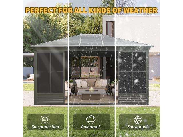 12x14FT Outdoor Sunroom, Galvanized Steel Hardtop Enclose Gazebo Sloping Roof, All Weather Aluminum Solarium Screen House for Patio Deck Backyard...