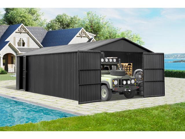 12x25FT Outdoor Metal Garage Shed, Extra Large Metal Carport with Lockable Double Hinged Doors, Heavy Duty Car Shelter for Car, Truck, Motorcycle...