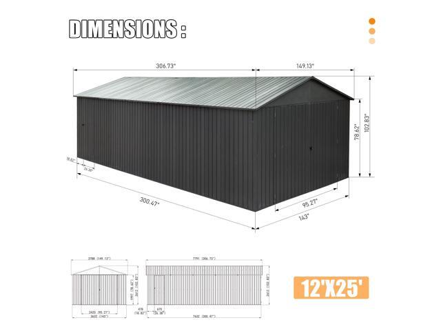 12x25FT Outdoor Metal Garage Shed, Extra Large Metal Carport with Lockable Double Hinged Doors, Heavy Duty Car Shelter for Car, Truck, Motorcycle...