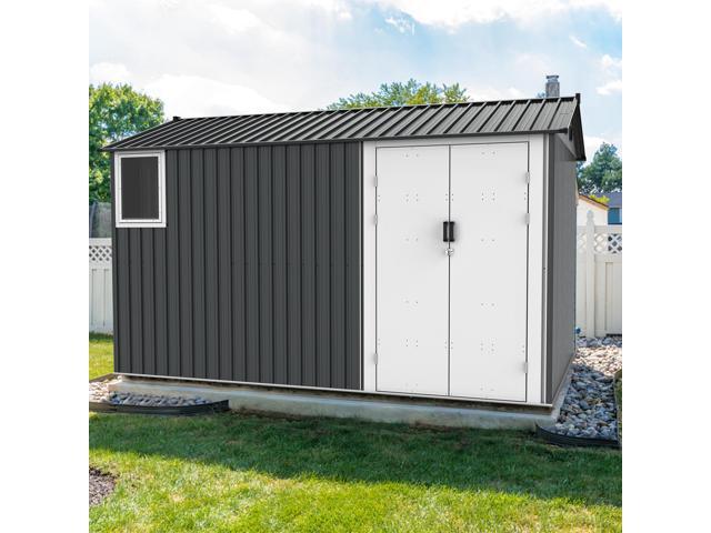 8x12 Ft Metal Outdoor Storage Shed with Window, Floor Base, Air Vents and Double Hinged Door