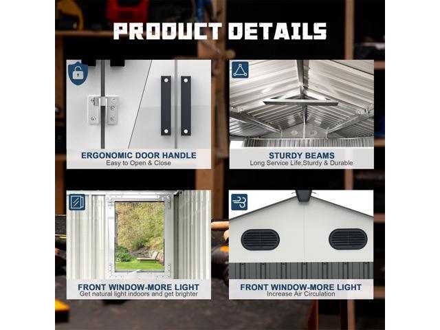 8x12 Ft Metal Outdoor Storage Shed with Window, Floor Base, Air Vents and Double Hinged Door