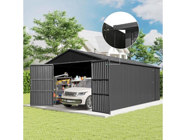 12x15FT Outdoor Metal Garage Shed, Extra Large Metal Carport with Lockable Double Hinged Doors, Heavy Duty Car Shelter for Car, Truck, Motorcycle...