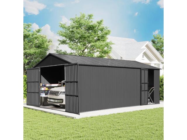12x15FT Outdoor Metal Garage Shed, Extra Large Metal Carport with Lockable Double Hinged Doors, Heavy Duty Car Shelter for Car, Truck, Motorcycle...
