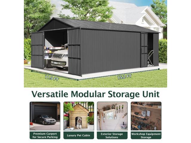 12x15FT Outdoor Metal Garage Shed, Extra Large Metal Carport with Lockable Double Hinged Doors, Heavy Duty Car Shelter for Car, Truck, Motorcycle...