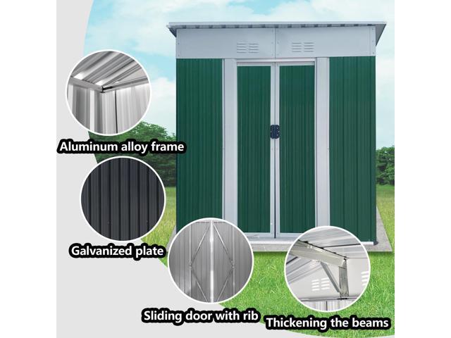 5X3 Feet Small Mini Outdoor Storage Sheds Pent Roof Green With Aluminum Alloy Frame And Sliding Door