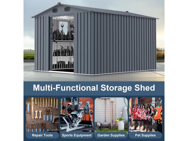 8x10 FT Outdoor Storage Shed, Large Metal Tool Sheds with Window and Lockable Doors, Garden Shed for Backyard Garden Patio Lawn, Dark Grey