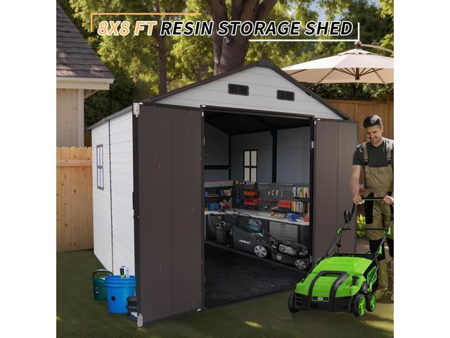8x8x7.6FT Outdoor Resin Storage Shed with Windows, Strong Aluminum Frame & Floor for Garden, Backyard Organization (White+Brown)